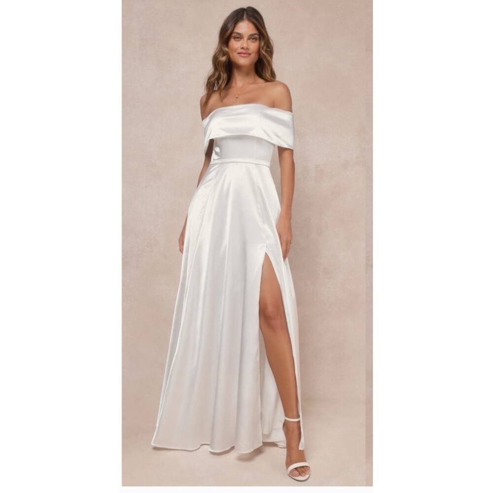 NWT Lulus Greatest Hits White Satin Off-the-Shoulder Maxi Dress Bridal Wedding S